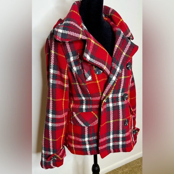 Body Central wool blend red plaid Fall Winter holiday coat button front Large - Picture 2 of 12